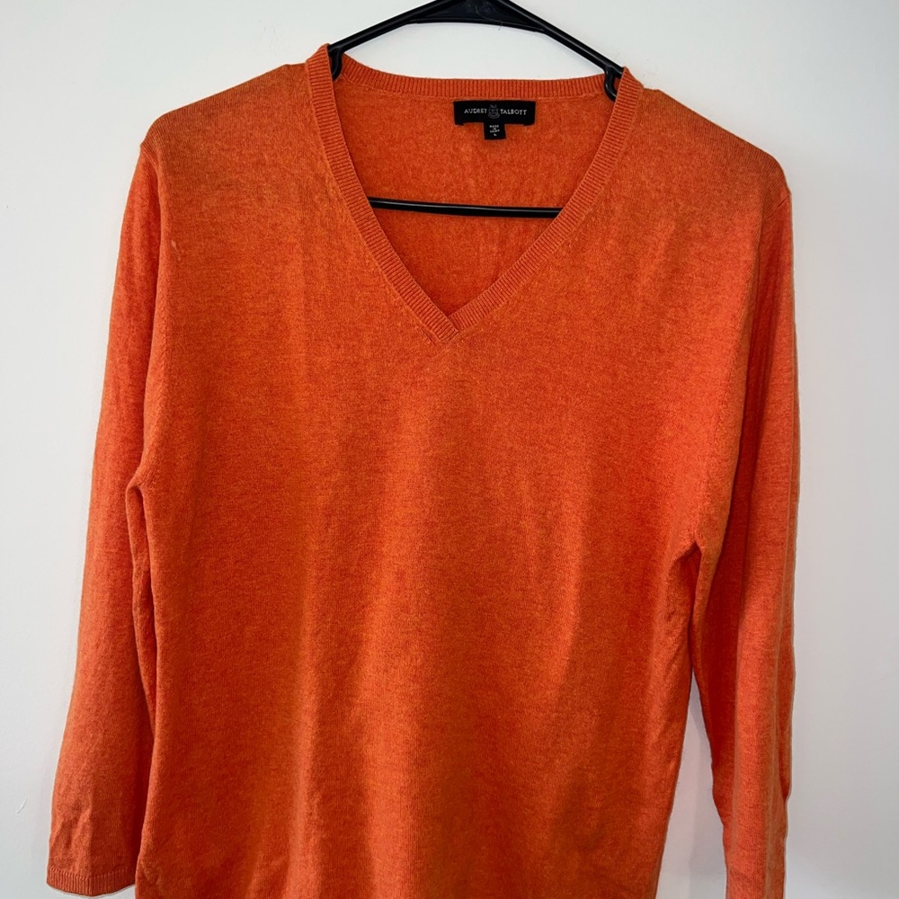 Vibrant Orange V-Neck Sweater Lightweight Knit